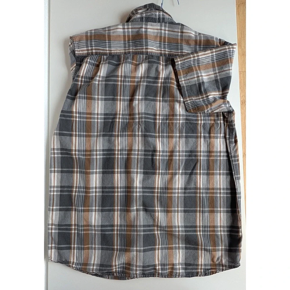 Carhartt Mens Relaxed Fit Plaid Short Sleeve Button Down Shirt Grey Brown L Tall